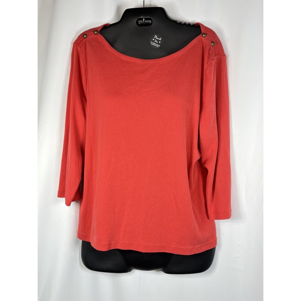Chico's Shirt Womens 2 L Red Boat Neck 3/4 Sleeve Cotton Button Shoulder Top